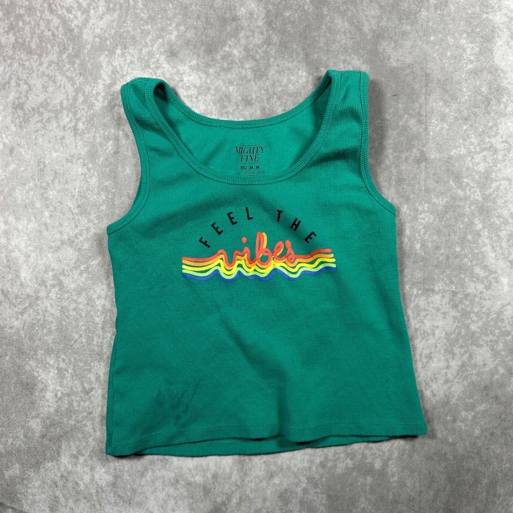 Mighty Fine Green Feel The Vibes Rainbow Graphic Ribbed Tank Top Womens Medium